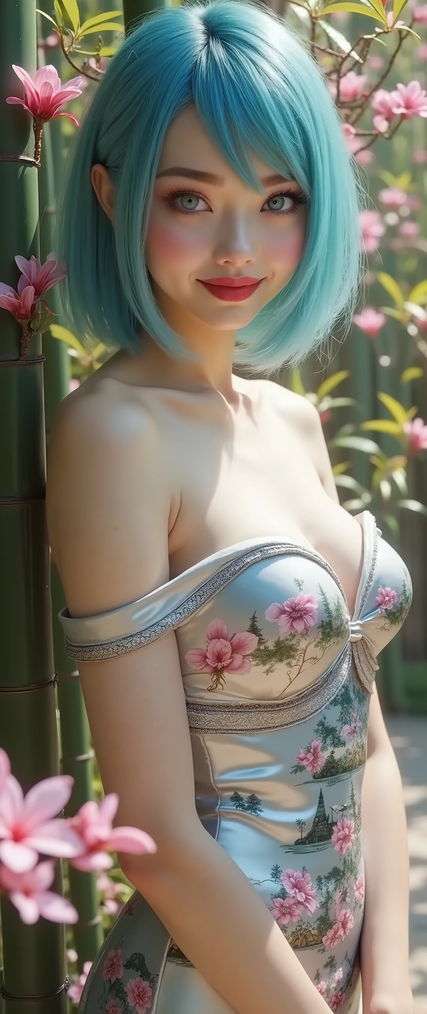 Rear View、Thong、Wear socks、Bite、((Super big breasts)), ((Light Blue Border Micro Bikini))、(((masterpiece, Highest quality)), 1 girl, (Realistic: 1.4), alone, Light blue color background, Blue hair, ((blunt bangs))、hime_cut、Short Hair,smile、 ((whole body)), Very beautiful woman、Slender women、(Detailed face)、Realistic Skin、((Delicate photo)),(Girl Masterpiece RAW Photo Details:1.25), (Highest quality:1.6), (Ultra-high resolution:1.5), (Realistic:1.75),8k resolution, ,50mm,Absurd, Ultra-detailed,Cinema Lighting、((((Lots of flowers))))、(((Lots of flower art)))、Artwork、art、