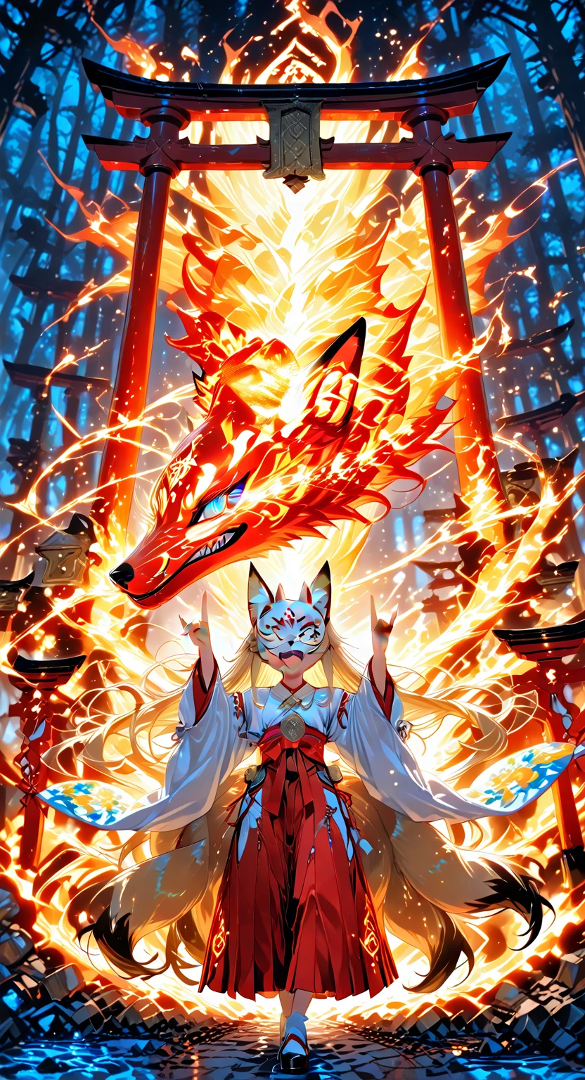 A beautiful fairy fox girl、young、fox ears、 glossy beautiful blonde 、absurdly long hair、Floating Hair、windy、multicolored eyes、Multicolored Iris、slit pupils、Vertical pupils 、fox tail、Nine-Tailed Fox、Very Detailed、top quality、EXTREME SEXUAL CONTENT、Scattered Below the Water、Award-Winning Photos、Professional Portrait Photography、fantastic world、dim、sparkling bioluminescent forest、A drifting soul、Fox Mask、miko、Shrine maiden、long sleeves、layered kimono、layered dress 、hakama_skirt、hakama skirt、happy smile、open mouth、double teeth、drunk、drunk、dancing、double fox shadow puppet、Hand shadow of a fox、hands_up、Drifting Demon Fire、Decayed Torii、torii、Abandoned temple、shrine、from below