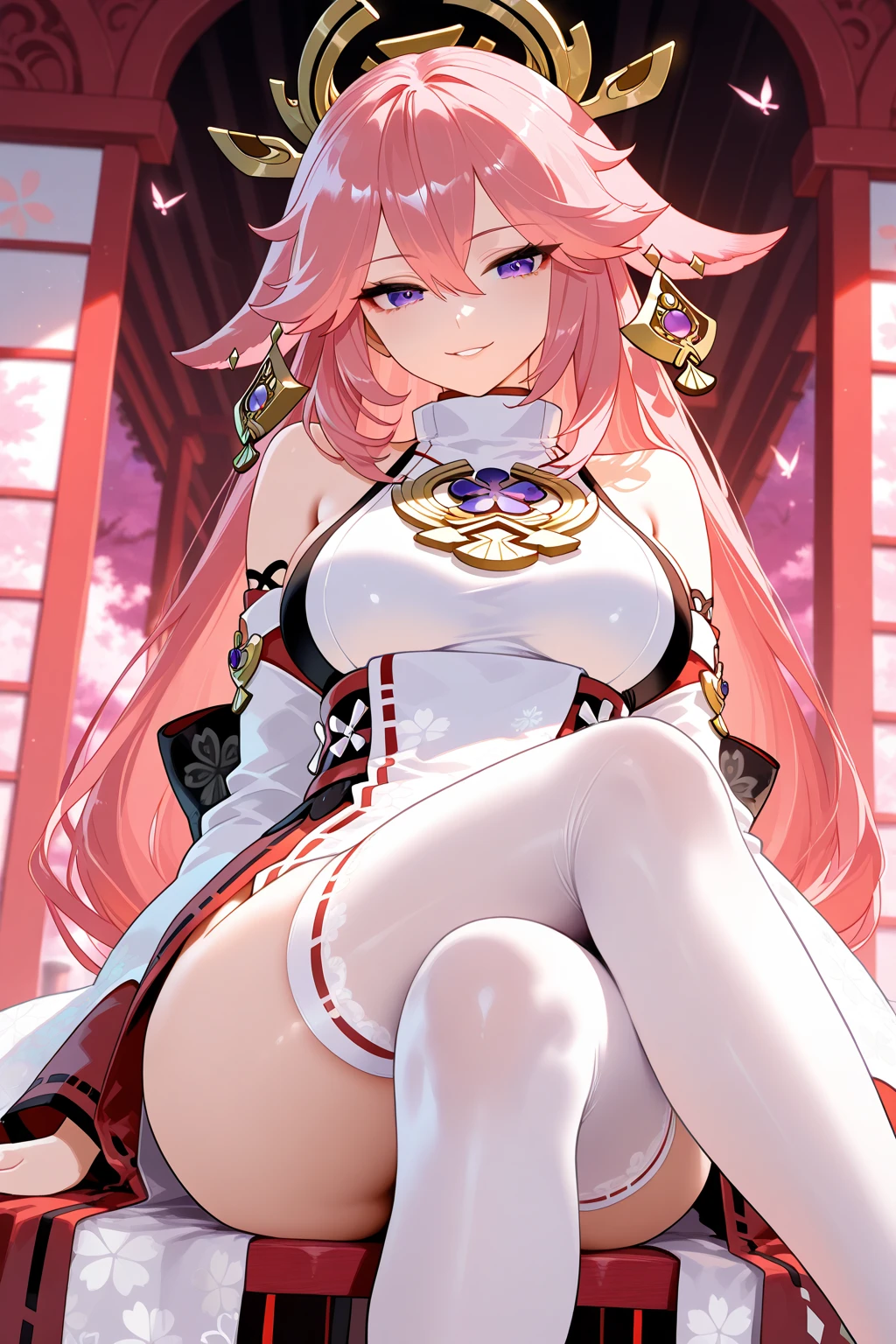 score_9, score_8_Most,  best quality,​masterpiece,The audience watches,absurdeste,1 girl, Pause Bachong, Side curls, sleeveless_chemise,Not traditional_miko, White_sleeve, Wide_sleeve, ear rings,   japanese_attire,   alone_Shoulder pieces, detached_sleeve, yae miko, Genshin Influence,  fox shadow pMostpet one eye closed, grin, closed mouth, red eyeshadow, hole body, Feet, five toes, pink stockings, Whitee High Heels, Self-adhesive stockings, White platform pumps high heels, rosa Strapsen, hole body, spreading legs