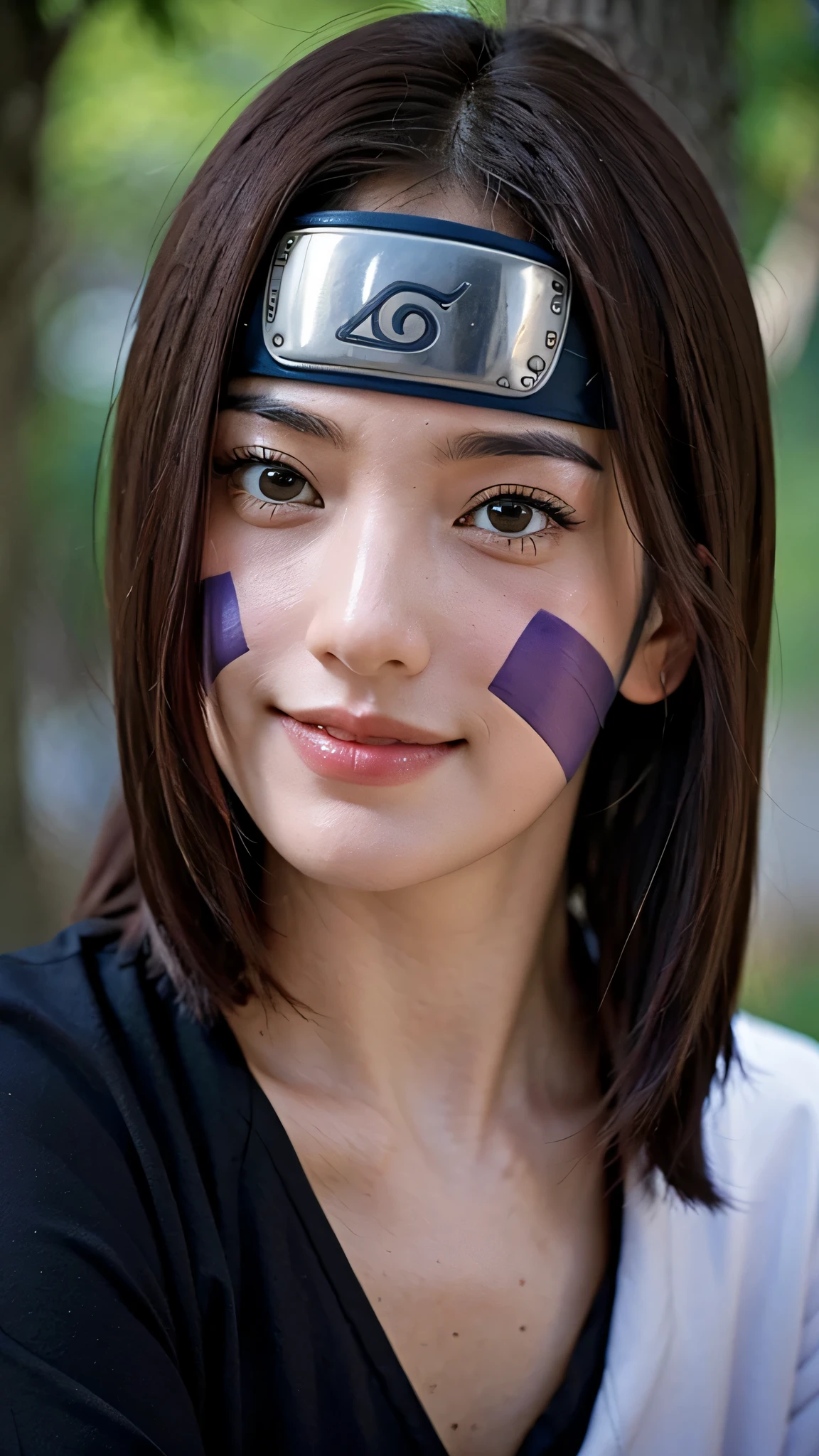 A close-up ultra HD portrait of Rin Nohara from Naruto Shippuden, reimagined as a real-life young woman. She has a kind and beautiful smile, soft brown eyes, and short straight brown hair with bangs, styled exactly like in the anime. Her signature violet cheek markings are clearly visible. She is wearing her original ninja outfit, including the dark top and Konoha headband across her forehead. The image is photorealistic, with lifelike skin texture, detailed facial features, natural lighting, and a blurred background for depth. Super detailed, cinematic close-up shot, ultra high-definition, hyperrealistic style.