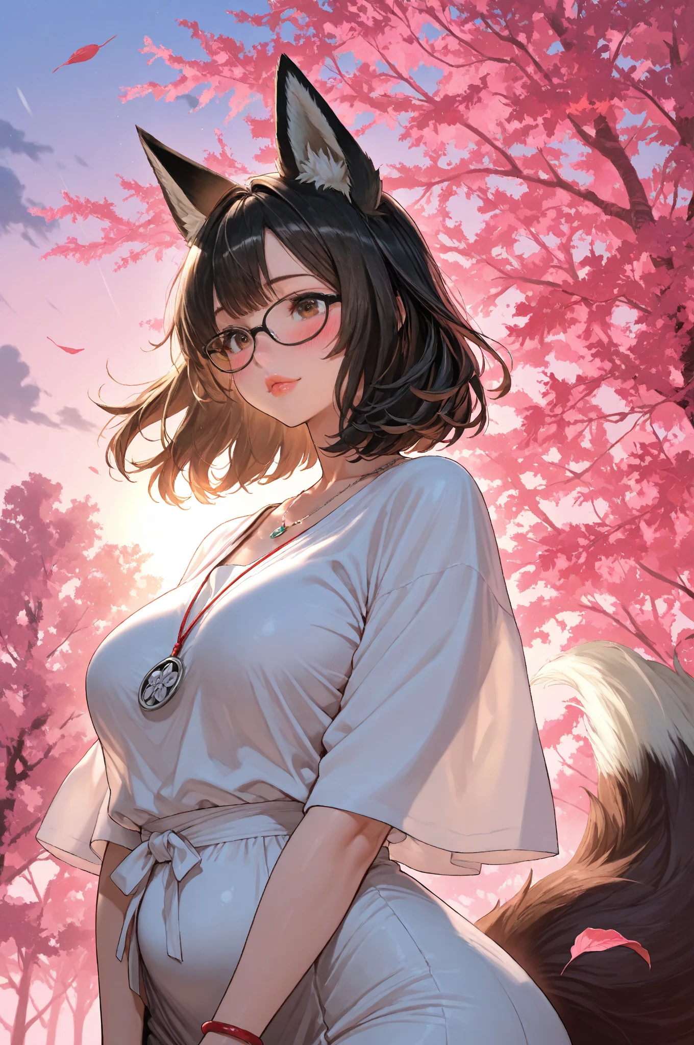 16K Ultra High Definition Top Quality Glamorous Fox Girl、ultra gigantic tits、Super big ass、Super Detail Super Real Body、One eye is hidden。Very long lashes、White fox ears、Glossy detailed hair texture、White and black mesh long beautiful hair sly smile cute fangs and pink tongue.She wears a black hakama with the costume of a shrine priestess.、Wear only white Japan clothes with protruding shoulders、Obi knot in front。There is a large ribbon in the knot.。Wearing red-rimmed glasses。Nine thick white tails extending from the tailbone Bewitching smoke covering the surroundings The background is a fantastic Japan garden where you can see the moon
