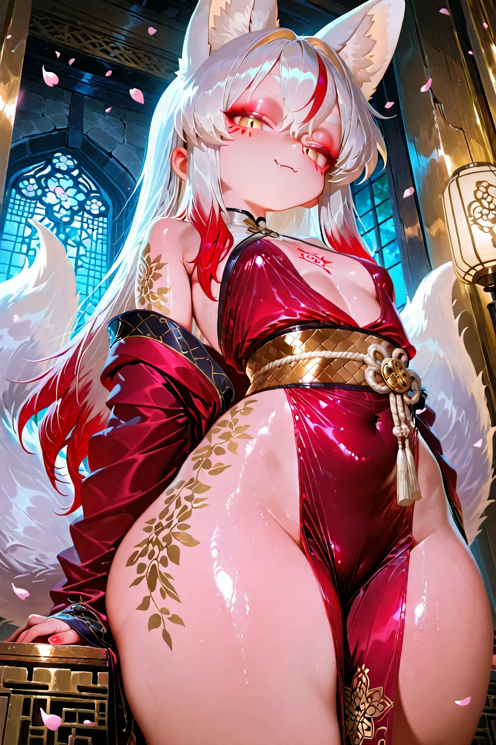 nsfw:1.2,(quality)), ((masterpiece)), Recommendation Results、Puffy nipples、(See through:1.5)、Stand up straight、Thinner、Giant bust、Angle to floor:1.2、Low camera angle、Leaking from the crotch、Light pink latex，smile，China dress，Chubby Girls、Round eyes、Angle from below
