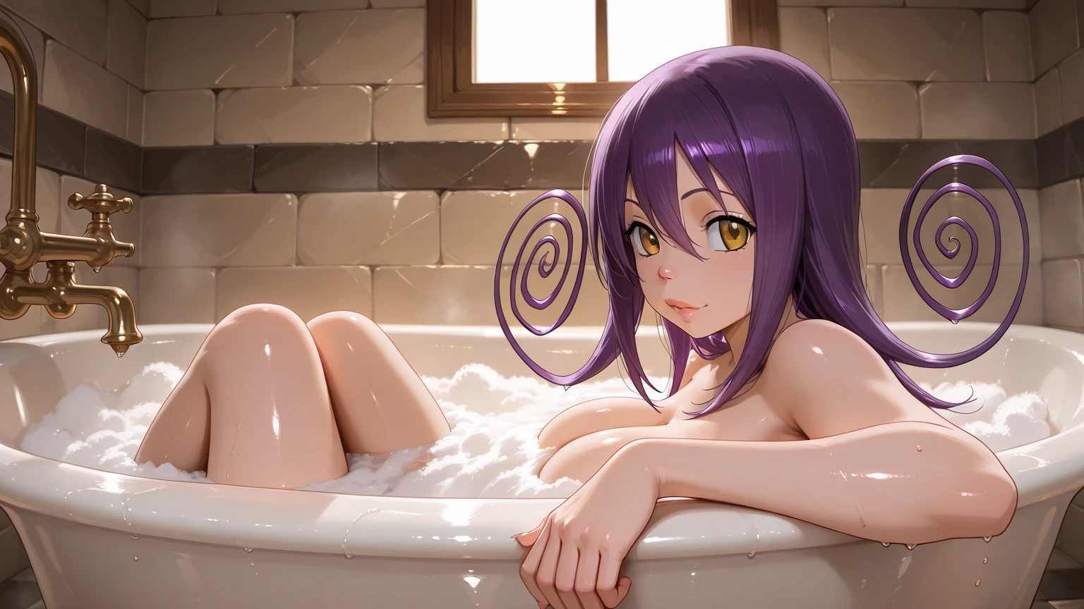 Only one woman , There's an adult woman taking a bath, Bubble Bath ,On all Fours, a 4 pattes , view on her pussy ,Spreading legs , Bathroom , wet skin, wet hair, shiny skin, cat ears,, Dark purple hair, black hair and purple streaks, cat ears on head, beautiful chest, Second life avatar, Beautiful screenshot, Second life,, full body view, seductive woman, high quality, Very detailed skin, NSFW