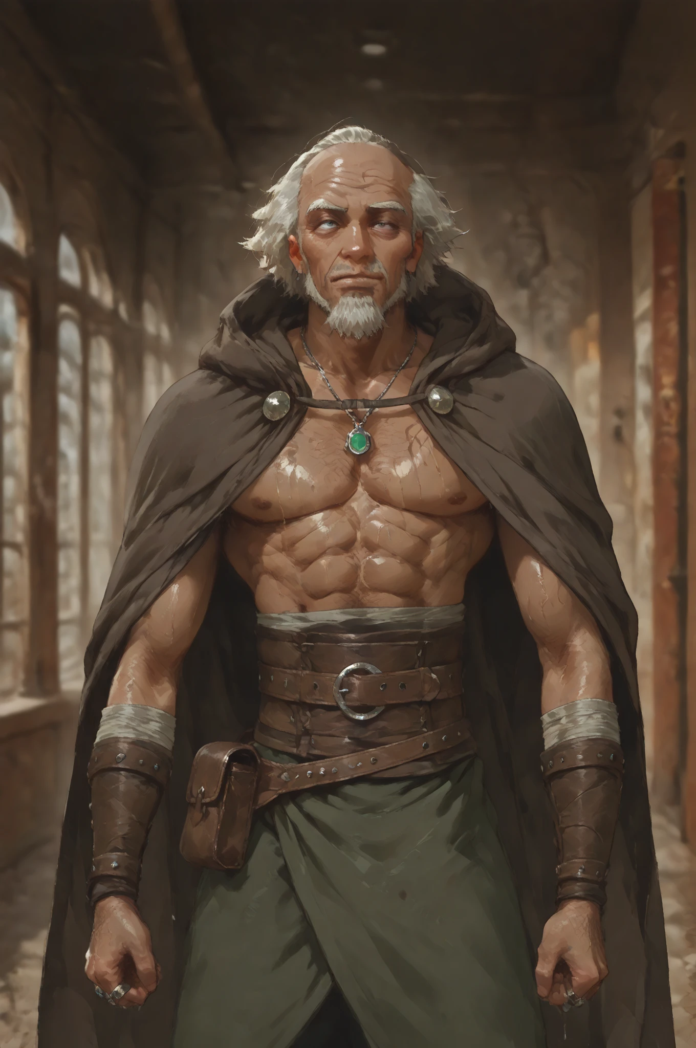 Solo; 1 man, mature man, half_aged man, African skin, wears a hooded cloak that drapes over a rugged tunic, giving off a medieval or fantasy vibe, straps and belts wrap around the waist, securing a pouch at their side. The chest area of the garment is notably worn and frayed, a gentle smile expression, color palette adds depth to the scene, evoking a sense of ancient and mystery