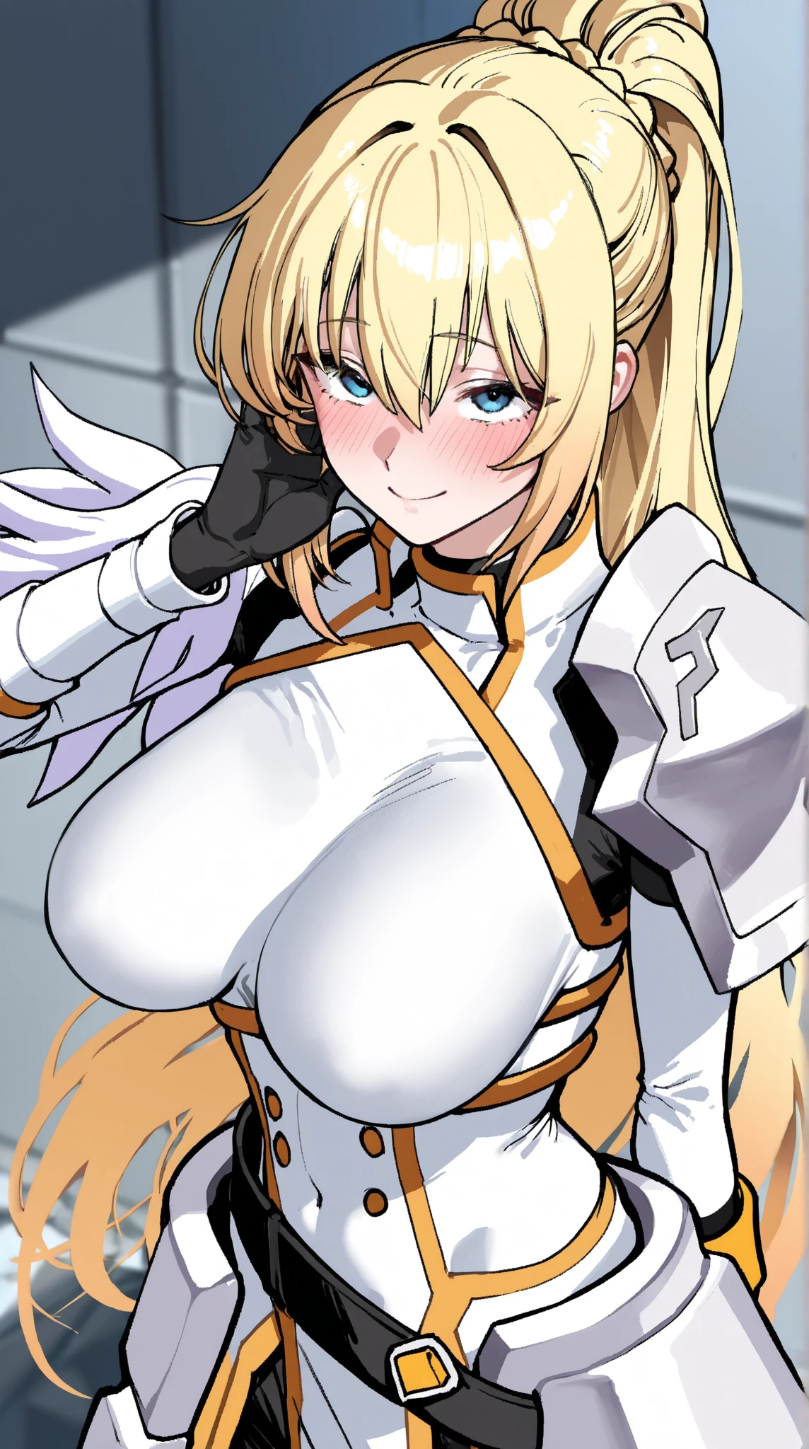 score_9, score_8_up, score_7_up, score_6_up, source anime,nero claudius \(bride\) \(fate\), nero claudius \(bride\) \(second ascension\) \(fate\), 1girl,masterpiece, best quality, highres, aanero, ahoge, veil, green eyes, chain, padlock, (white bodysuit:1.2), zipper, white gloves, belt, frills, white dress,center opening,unzipped,cleavage,navel, hand on hip , standing, waving, bench, smile, petals, rose petals,
