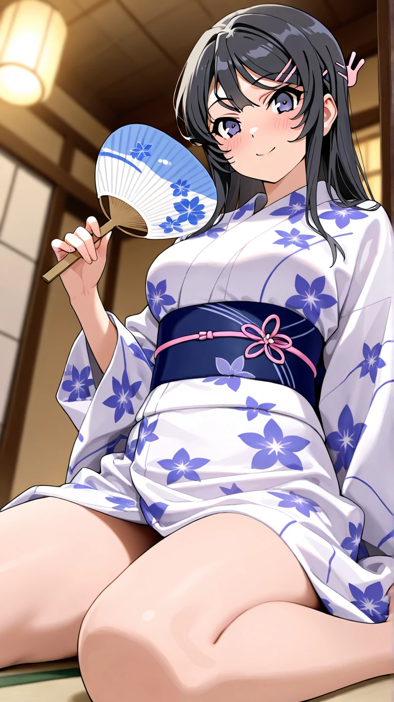 sakurajima mai, mai-san, (masterpiece), 1girl, japanese clothes, solo, kimono, red kimono, show panties, show bra, black panties, black bra, medium breasts, cleavage, blush, paintbrush, calligraphy brush, bedroom background, ink, bare shoulders, off shoulder, looking at viewer, sash, smile, collarbone, sitting, obi, floral print, wide sleeves, parted bangs, between breasts, holding, open mouth, nsfw, low-necked, sexy