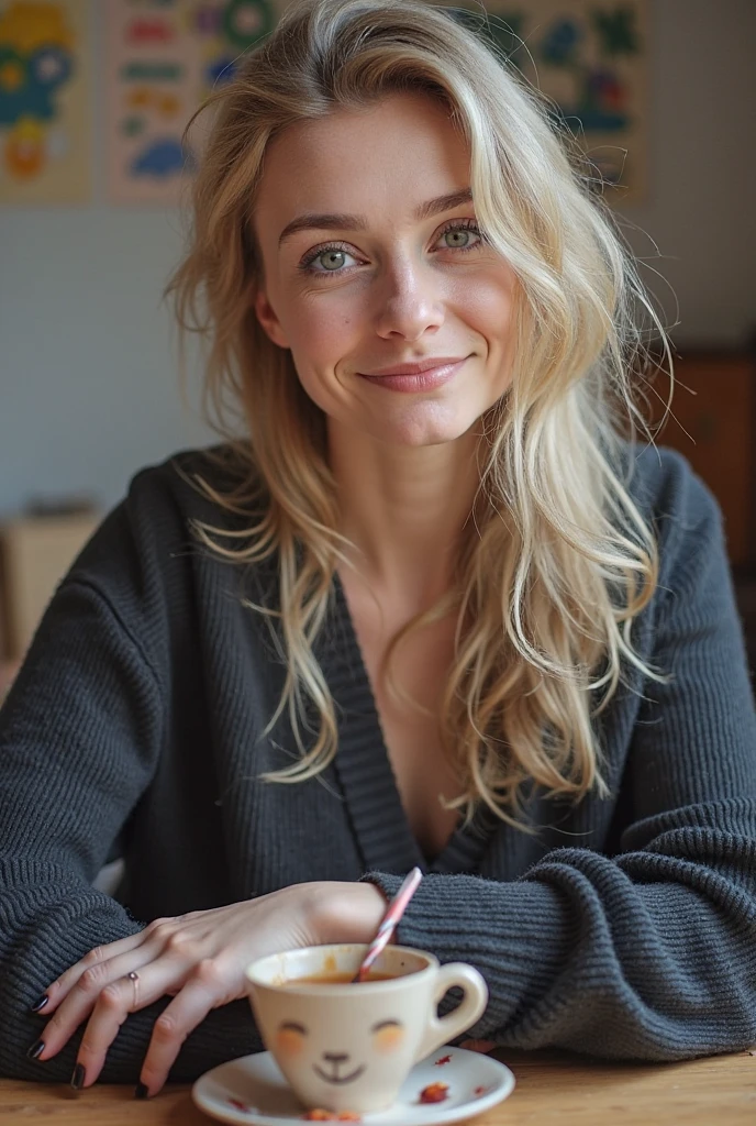 photo of a skinny very old wrinkly-faced faced mature blonde messy long hair thrown into a messy bun ponytail. She wears: (turtleneck soft high ribbed turtleneck turquoise sweater:1.1),   pose, high tight ribbed neck,  smile, perfect fake ,  eager granny, teasing  old lady, mouth retractor gag