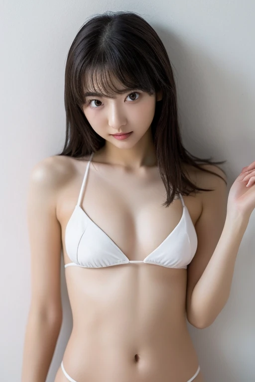 Simple background, very young and cute Japanese high school student, photorealistic, natural skin, no makeup, young face, , string bikini