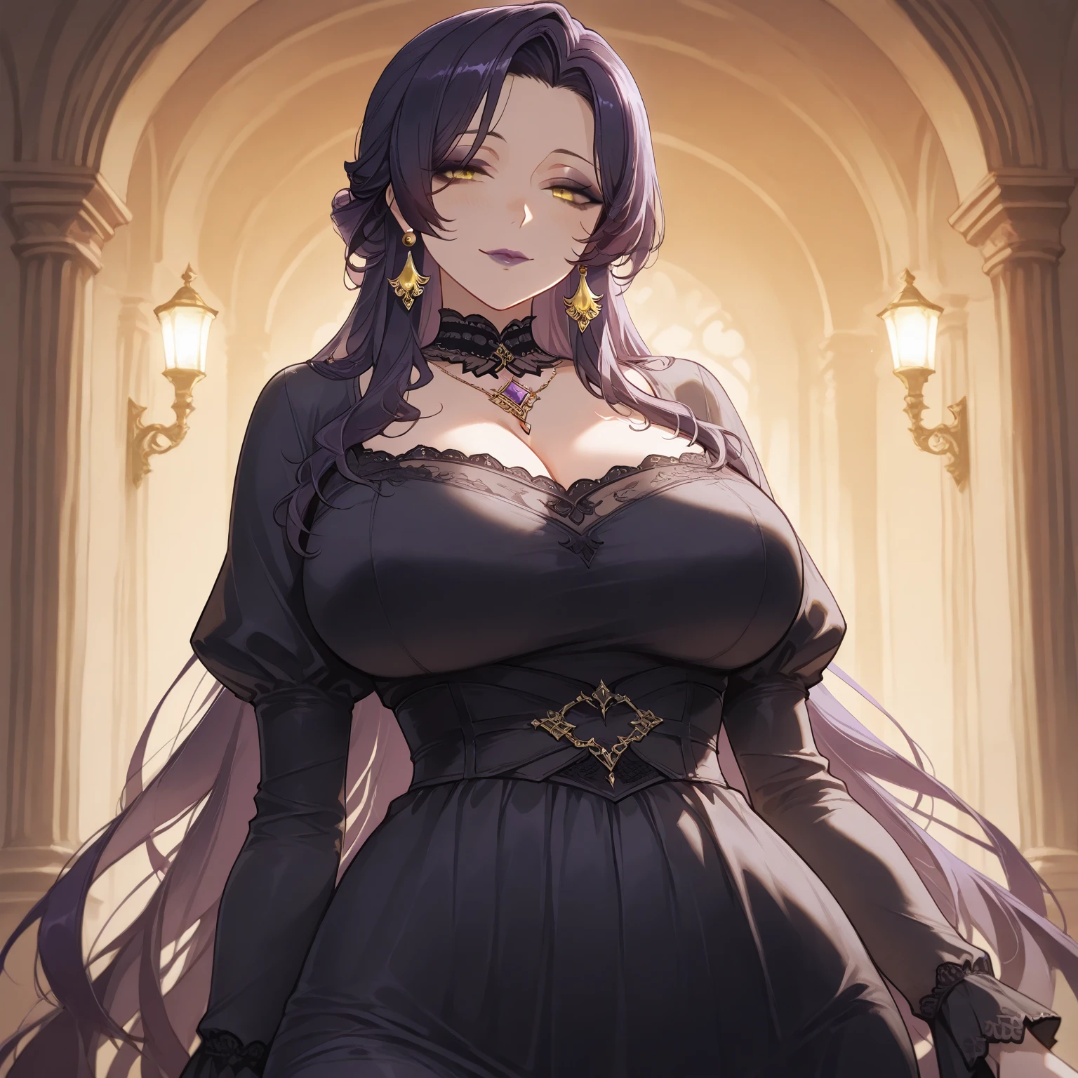Masterpiece, very detailed, ultra detailed, alone, (1 woman), she is in a black detailed gothic dress, and in an elegant position, super mature, tall, milf style, mature mother, super long hair, black hair, super black hair and purple flower on the head, black demonic horns, beautiful, charming, bright purple eyes of reptiles, reptiles purple eyes, super purple eyes, bright eyes, elegant, big breasts (huge), neutral face, cold face, charming, against the background of crosses and coffins, valin atmosphere.