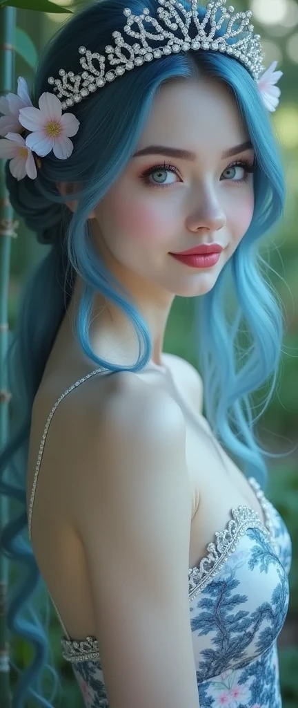 one woman, cyan hair, long side braids, blue eyes, cyan lingerie, well defined body, detailed body, detailed face, best quality, high quality, masterpiece