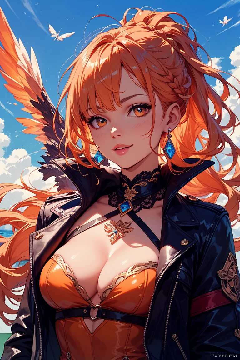 Top quality, ultra high resolution, (photorealistic: 1.4), Japan people, attractive faces. Model face. Thin. Smile, bikini, beautiful details, orange hair. Big tits. Miniskirt. Earring. Detail. Vivid? On the back large wings. Long hair. Tiara. Orange lightning. Thundercloud. Thunder. Beach. Get on your knees. Kneeling.