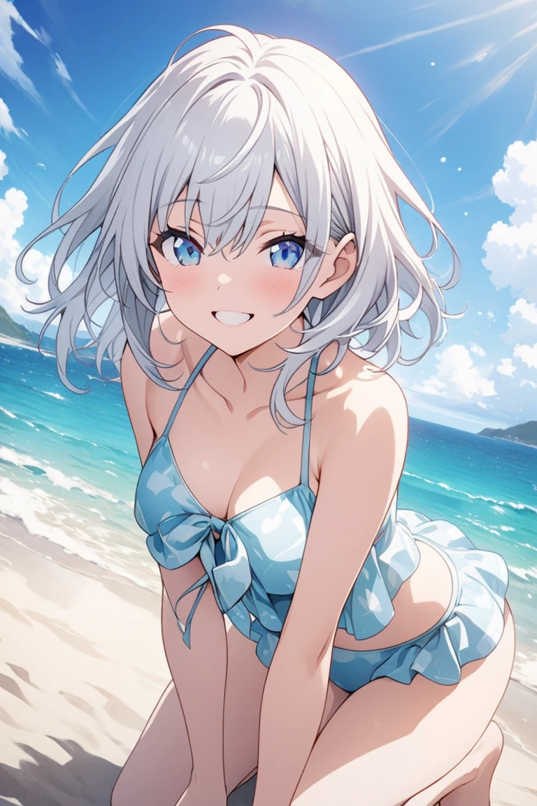 White hair, bikini girl at beach, brown eyes