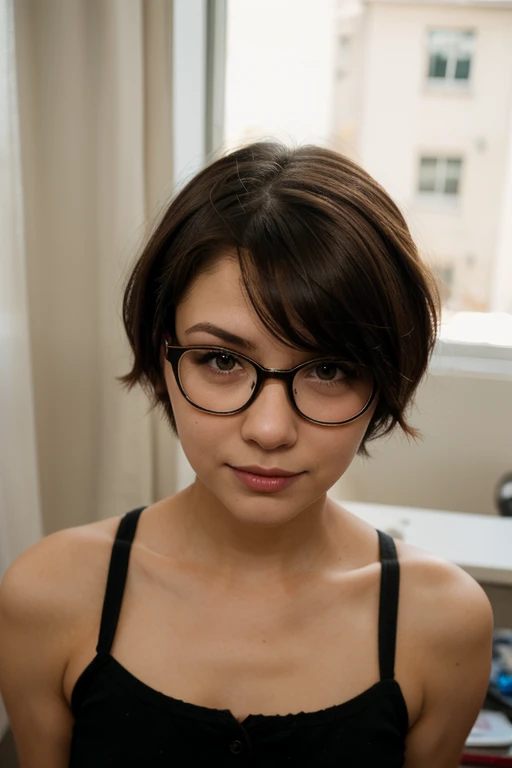 B&W photo, masterpiece, Humanity, Charming chubby Russian fashion model 22 years old with aesthetic small breasts, round face, round cheeks, round chin, beautiful proportional small wide nose, dark brown eyes, long eyelashes, Sarcastic Look, glasses with lenses, plump sensual lips, ironic one-sided half-smile, very tousled dark brown tousled short hair, spiky tousled hair, plain white oversized cotton t-shirt, gray background Portrait-Medium plan