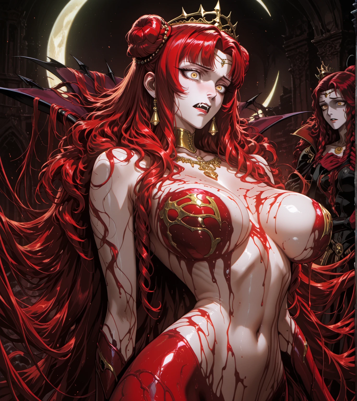 naked, red skin, abs, Carmilla,large breasts, powerful,beautiful face, long red hair