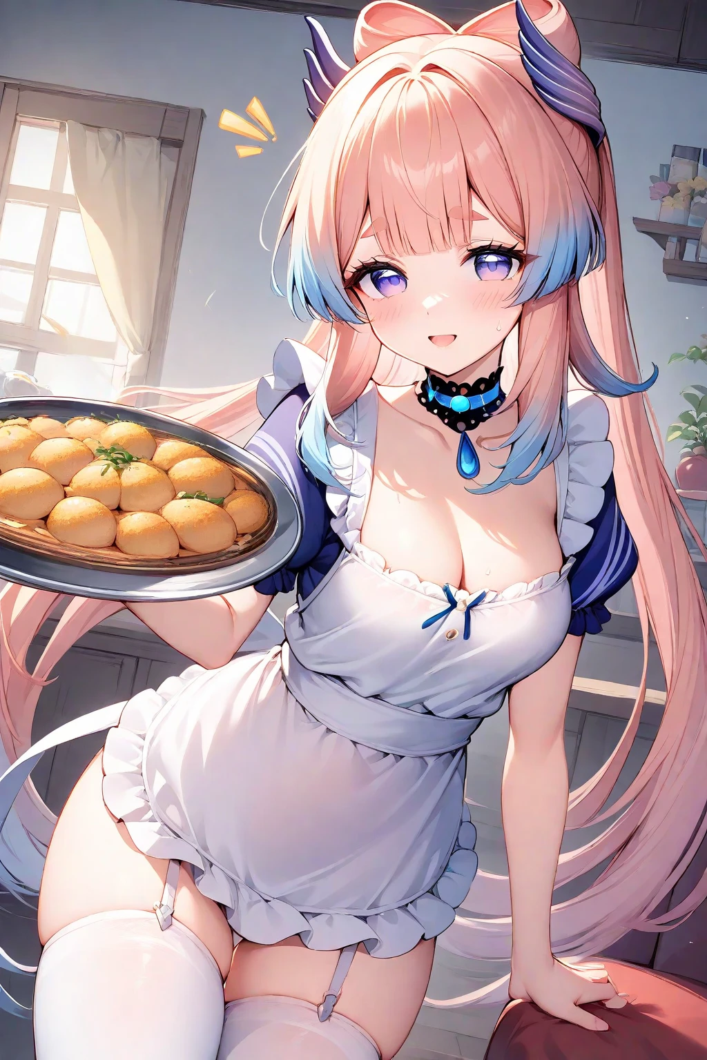 1 girl, game CG, sleeveless frilled black string bikini, cleavage visible, navel visible, maid's hair accessory, maid's small apron, gigantic breasts, pink hair, long hair, low twintails, princess hairstyle, ahoge, pink eyes, ocean, sandy beach, trees, cafes, trays, embarrassed,