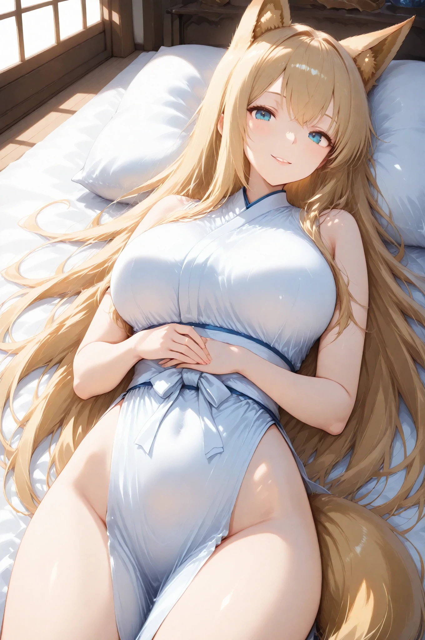 Cartoon picture of woman sitting on bed with cartoon，There is a comic bubble overhead，1个Giant Breast Girl，The barefoot，Blushlush，nedium breasts，The eyebrows are visible through the hair，the feet，long whitr hair，looking at viewert，pantiess，sitted，ssmile，独奏，Toes，underdressing
