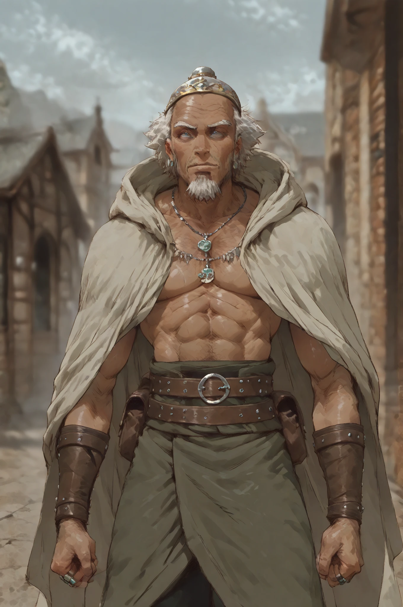 Solo; 1 man, mature man, half_aged man, African skin, wears a hooded cloak that drapes over a rugged tunic, giving off a medieval or fantasy vibe, straps and belts wrap around the waist, securing a pouch at their side. The chest area of the garment is notably worn and frayed, a gentle smile expression, color palette adds depth to the scene, evoking a sense of ancient and mystery