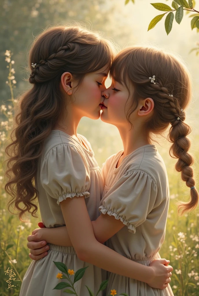 Two girls (13 years old), naked, identical, clones, passionately kissing