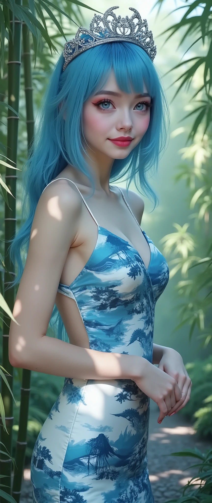 (best quality, ulra-detailed, realistic:1.37), suicidegirl, nsfw, garden, blue to green color transition, skin tight lingerie, seductive expression, tattoos, long flowing hair, natural sunlight, blurred background, sensual pose, subtle shadows, soft focus, provocative atmosphere, night time