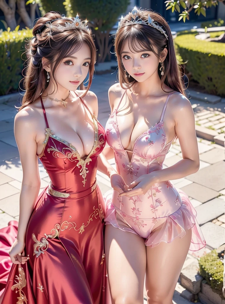 (two girls:1.8,kneeling),((reveals translucent colorful embroidery pattern sleep gown:1.3)), (brown hairs) (looking at viewer:1.3), (laced panty), have a sheen , (reveals translucent,sleeping gown :1.3,embroidery), veranda,(mutiple girls:1.3),8k, masterpiece, RAW photograph:1.4, best quality, photorealistic, extremely detailed CG unity 8k wallpaper, Depth of field, Cinematic Light, Lens Flare, Ray tracing, (extremely beautiful face, beautiful lips, beautiful eyes), intricate detail face, ((ultra detailed skin)) 2girls, in the dark, deep shadow, pretty girls, idol, ((looking at viewer)),(big smile:1.3), (cityscape, blurry background), (dim lights, rooftops, veranda), pretty girls, earrings, bracelets, necklace, clear eyes, walking , front shot, (pale skin), faces forward, (big eyes), ((full body shot)), ((silk Laced)), (brown hairs) (looking at viewer:1.3), (laced panty), have a sheen ,