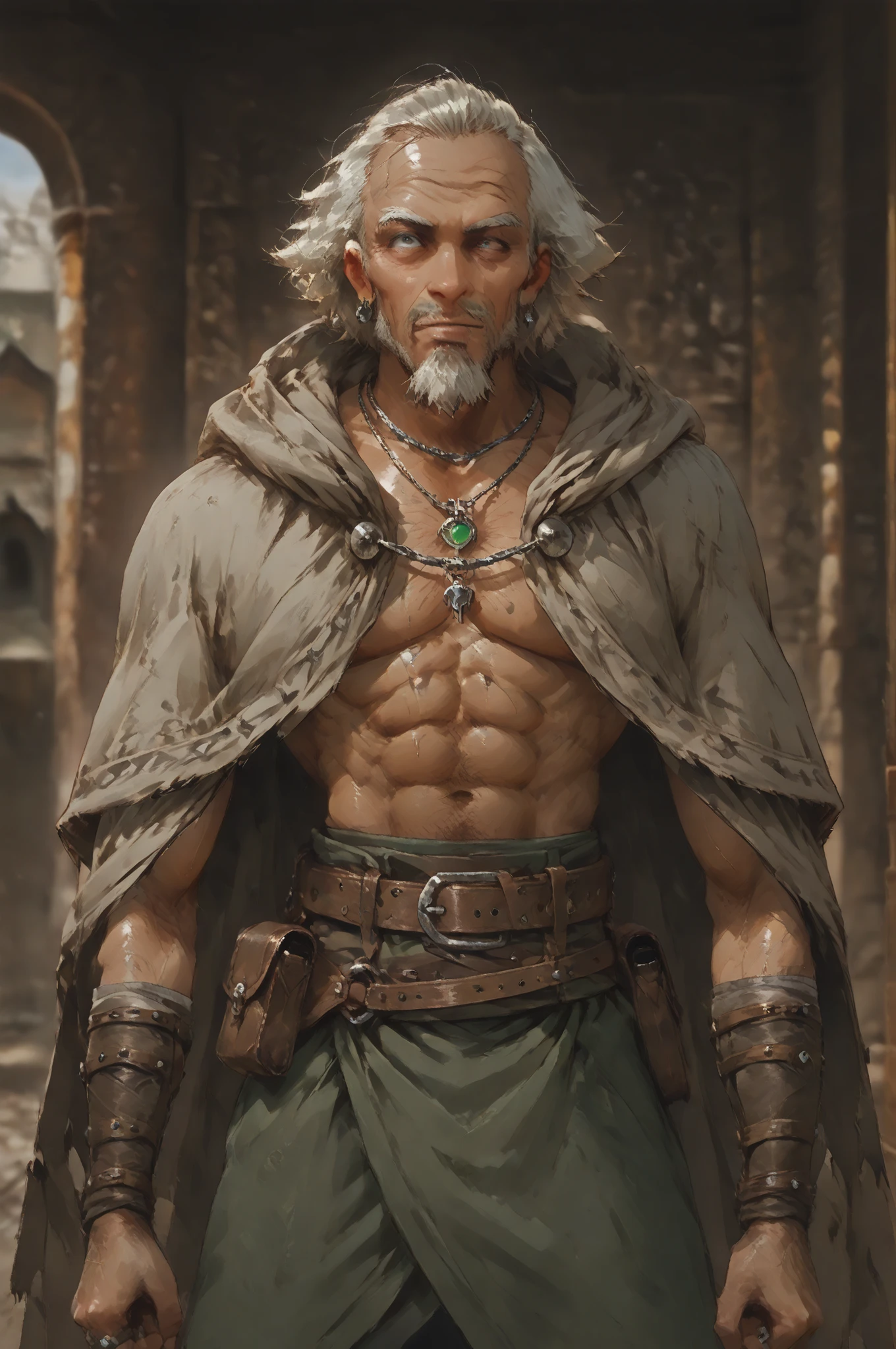 Solo; 1 man, mature man, half_aged man, African skin, wears a hooded cloak that drapes over a rugged tunic, giving off a medieval or fantasy vibe, straps and belts wrap around the waist, securing a pouch at their side. The chest area of the garment is notably worn and frayed, a gentle smile expression, color palette adds depth to the scene, evoking a sense of ancient and mystery