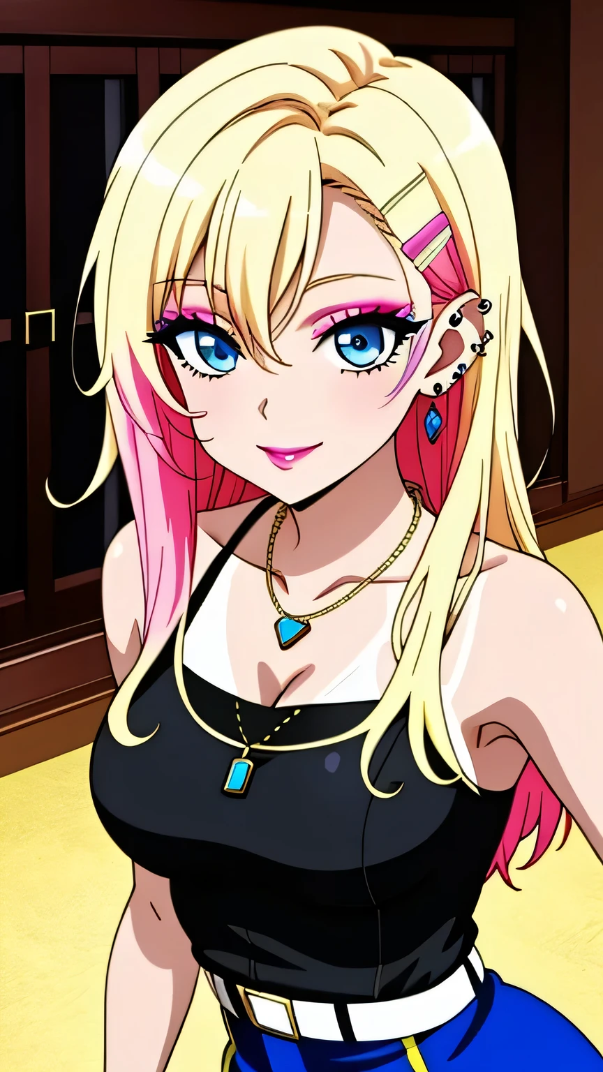 (masterpiece, best quality, high resolution, 8k:1.2), (anime coloring:1.2), 1girl, high resolution, unity 8k wallpaper, (beautiful detailed eyes:1.2), extremely detailed face, perfect lighting, extremely detailed CG, (beautiful face, beautiful eyes, detailed eyes, symmetrical eyes, beautiful makeup), distinctive big highlights, symmetrical eyes, (mature face:1.1), blonde hair, long hair, bangs, green eyes, slim, (medium breasts:1.2), smile, (hair clip),
(upper body), (sexy pose:1.2), (perfect hands, perfect anatomy), solo, dutch angle, looking at viewer, nffsw, (Sexy Gal 1 Woman, Flashy Gal Outfits, tight miniskirt, Multiple Piercings, barrettes, necklace, accessories, multicolored hair, white hair, pink hair, blue Eyes , flashy makeup, eyeshadow, glossy lips, tanned skin, tan lines, Bare shoulders, cleavage,),(indoor, ber)