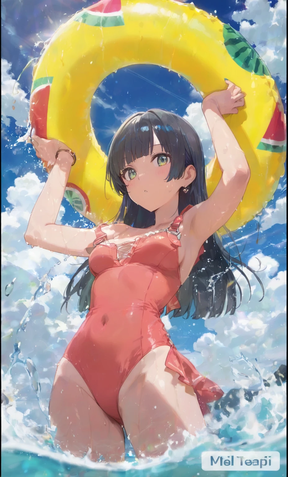 Looking up, the girl's eyes were full of vitality and confidence. She wears an ultra-short swimsuit with a bright flower embroidered on her chest, exuding enthusiasm and the power of life. Holding a buoy in her hand, she floats easily in the pool, her eyes revealing a sense of freedom and uninhibitedness. The water in the pool is crystal clear and reflects the girl's silhouette. Her hair was flowing in the water, and she seemed to enjoy the coolness and freedom. The whole picture is full of youthful vitality and joy, and also reveals a kind of respect and cherishing of life. The girl's dress seems to interpret a kind of confidence and courage, she dares to show her beauty and life force, dare to show her freedom and freedom in the pool. This is the beauty of the girl, she makes us feel the fullness and beauty of life, and also makes us cherish this freedom and vitality even more. (Masterpiece, super-delicate, high resolution)