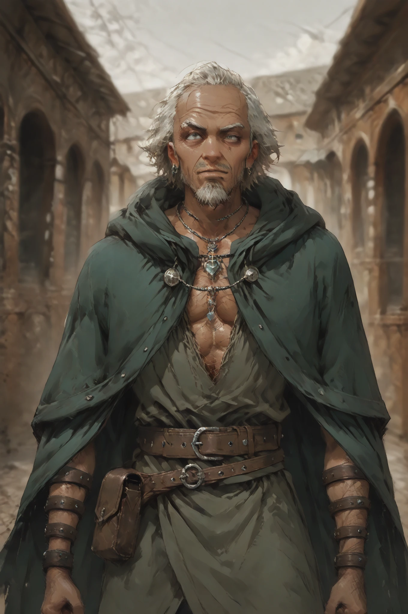 Solo; 1 man, mature man, half_aged man, African skin, wears a hooded cloak that drapes over a rugged tunic, giving off a medieval or fantasy vibe, straps and belts wrap around the waist, securing a pouch at their side. The chest area of the garment is notably worn and frayed, a gentle smile expression, color palette adds depth to the scene, evoking a sense of ancient and mystery