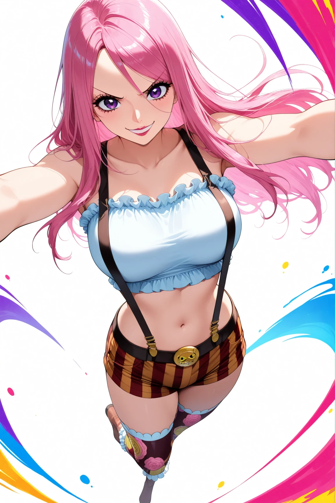 A smug narcissistic pink haired woman wearing a pink bra and blue pants and lots of jewelry flaunting herself
