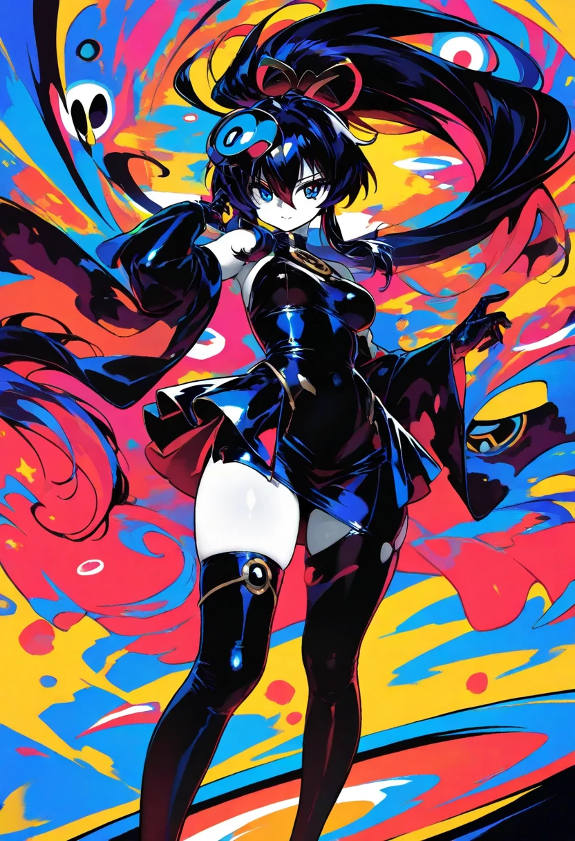 (best quality, masterpiece), colored, 1girl, cloudy sky, (cartoon: 1.5), sexy, big breast, a mythologic entity behind her, persona 5 style, shin megami tensei style, city background