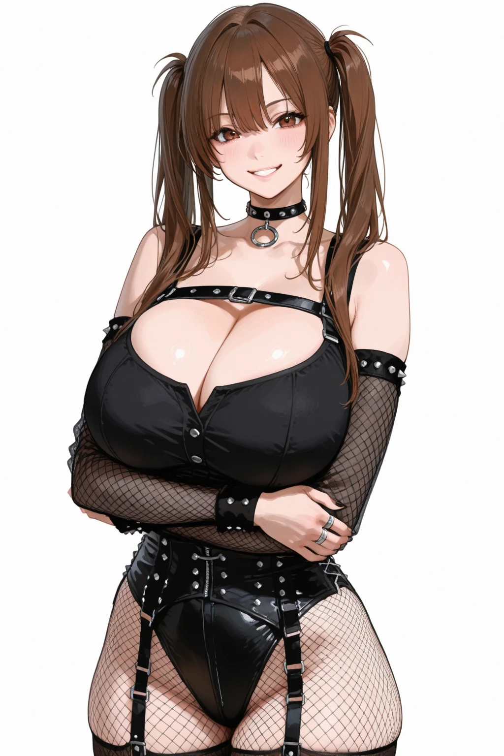big lips, Brown hair, pink eyes, japanese face, improve, improve grin, two sides up, huge breasts, Wide hips, sexy, detailed, pink room, Hits, (evil smile1.4), kawaii, pleated skirt, punk, GOOD, Pink and black suit, plaid skirt, punk shirt, choker, punk skirt, punk shirt,navel piercing