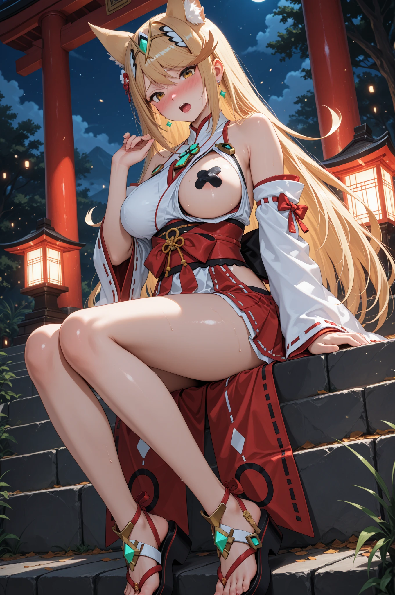 masterpiece, best quality, highres, 1girl, blonde hair, medium hair, asymmetrical hair, floating hair, hair between eyes, high ponytail, sidelocks, hair ornament, fish hair ornament, tassel, kanzashi, bangs, orange eyes, open mouth, smile, teeth, upper teeth only, choker, red choker, pendant choker, butterfly choker, collarbone, tattoo, chest tattoo, flower tattoo, cleavage, medium breasts, thighs, bandages, bandaged leg, sarashi, budget sarashi, chest sarashi, black sash, hadanugi dousa, houkisei, japanese clothes, kimono, kinchaku, obi, obiage, obijime, orange kimono, pouch, print kimono, rope, sash, shimenawa, short kimono, single bare shoulder, vision (genshin impact), east asian architecture, cherry blossoms, full body, arms behind back, bondage