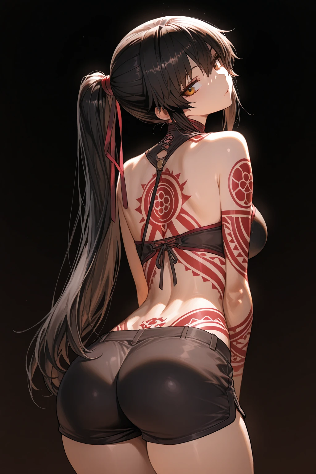 {{{ukiyo-e_style}}},{{flat_style}},{Simple_color},{{{masterpiece}}},{katsushika_hokusai},length_hair,hair_flower,{{black_hair}},red_eye,red_null,{Chinoiserie},{{{Highest_quality}}},kimono,{{Super detailed}},{figure},Maple_leaf_flight,{{One Woman}},{{{alone}}},{{of_Very To_delicate_ofd_beautiful}},blofk_stare,close_To_Audience,{Wind},{flight_splash},{flight_petal},Wind,((large tattoo on the back)){Gorgeous ofd rich graphics}((Undressed kimono))((Big Ass))((She has a big tattoo on her back))((black thong))