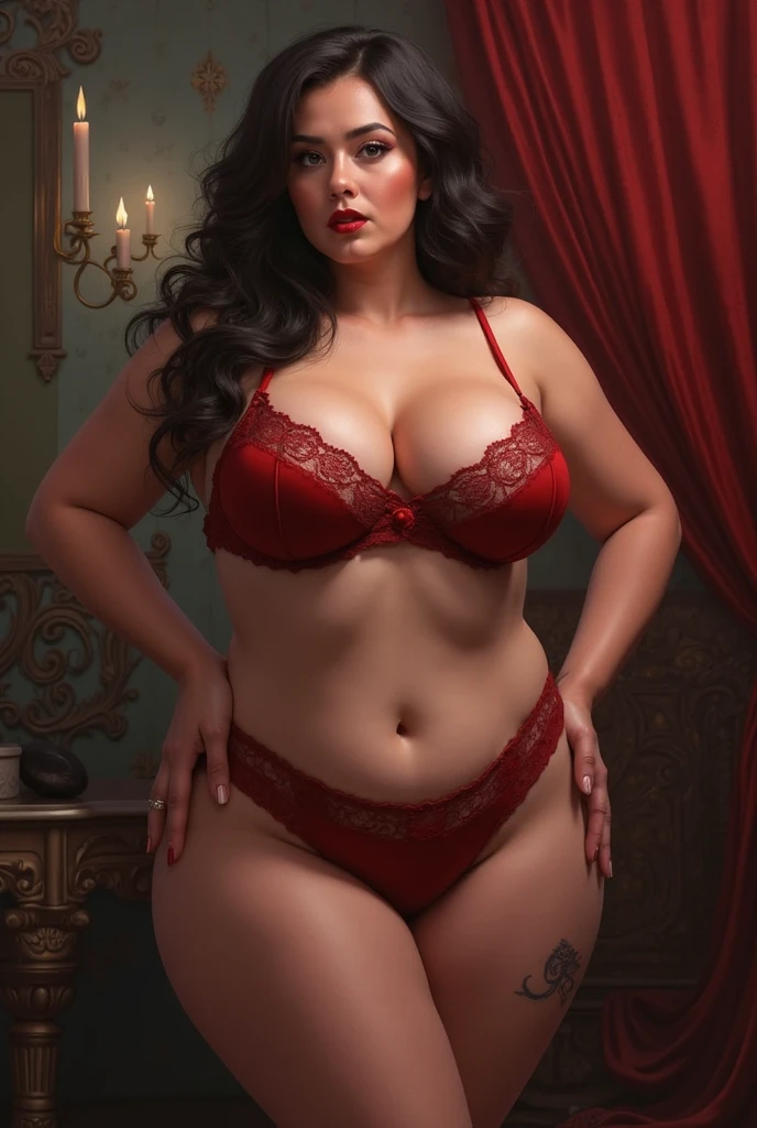 (best quality,4k,8k,highres,masterpiece:1.2),ultra-detailed,(realistic,photorealistic,photo-realistic:1.37),plus size,model,sexy,red lingerie,sensual pose,curvy body,confident expression,powerful,empowering,beautiful detailed eyes,beautiful detailed lips,romantic lighting,soft shadows,subtle color grading,lace details,alluring atmosphere,high contrast,studio photography,vivid colors,attention-grabbing composition,professional,alluring confidence,comfortable,flattering fit,sexy curves,alluring charm,vibrant personality,bold confidence,empowering beauty,unique figure,femininity.