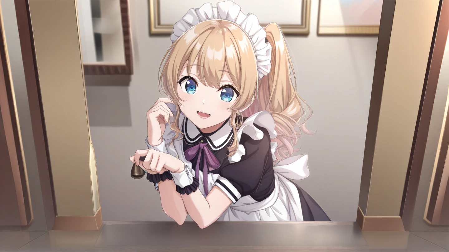 irohaisshiki, iroha isshiki, long hair, brown hair, (brown eyes:1.5), Take a selfie from above your head,with left hand, He opened the collar of his shirt to show his cleavage.,smile, smile, open your mouth,short braided hair,ponytail,blush,smile,Maid clothes open collar,Medium chest,she was wearing a miniskirt, black pantyhose, sitting cross-legged on a chair,Make sure the whole body is included in the illustration,
break indoors, coffee shop,
break looking at viewer,
break (masterpiece:1.2), highest quality, High resolution, unity 8k wallpaper, (shape:0.8), (fine and beautiful eyes:1.6), highly detailed face, perfect lighting, Very detailed CG, (perfect hands, perfect anatomy),