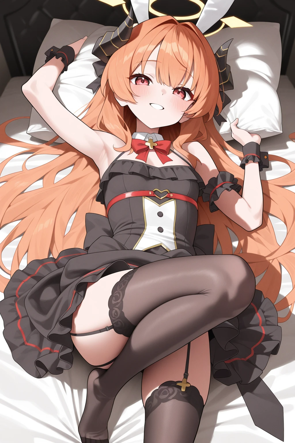 alena、Detailed Description、high resolution、One Girl、Small face、Thin legs、Small waist、Orange Hair、long hair、The ends of the hair are curled、(blush)、Troubled face、Screaming、Are crying、((The yellow dress is torn))、Black tights are torn、((Nipples are visible))、belly button、White panties、((handcuffs))、Lying down、bed、arms up