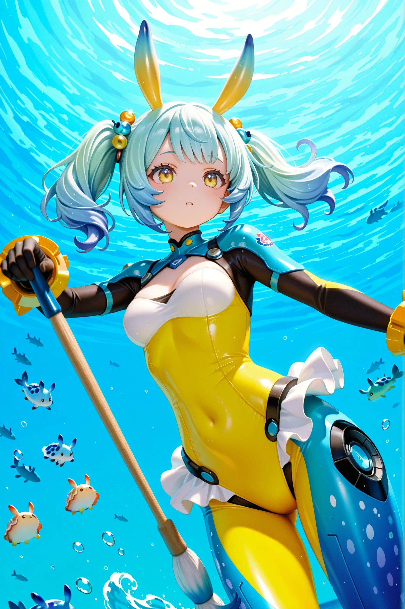 (Scuba Diving style) (enjoy Beautiful underwater), (panoramic, solo:2, 15 yo), (beautiful ponytail) (glossy beautiful green hair long hair) (beautiful cute girl), (glossy lip, happy smile, best beauty yellow eyes), (medium tits), in a Provocative Swimsuit, break, in the under sea in Okinawa, background deep undersea with Coral Farm, BREAK, perfect anatomy, masterpiece, best quality, 16k, beautiful detailed grow, daydreaming expression.