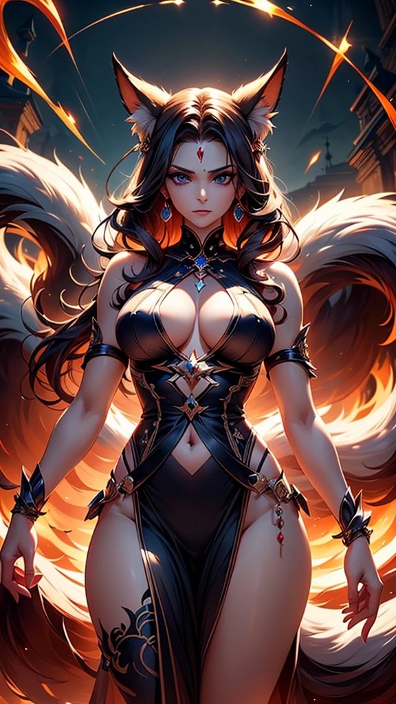 best quality,4k,8k, highres, masterpiece:1.2), ultra-detailed, extremely detailed eyes, extremely detailed body, (large masterpiece digital art), (detailed manga illustration), (detailed line art), ((perfect anatomy)), (intricate details:1.3), (ultra-detailed:1.3), (illustration:1.3), (sharp focus:1.3), (natural lighting:1.05), (vivid colors:1.3), (masterpiece), (best quality:1.4), (perfect anatomy:1.4), high quality, expressive eyes, full body, detailed face, beautiful face, perfect face, 1girl, ((dark skin)), animal ears, black sclera, smile, colored sclera, breasts, solo, monster girl, black hair, (wolf ears), large breasts, curvy, wide hips, long hair, ((gold eyes)), claws, grin, fur, looking at viewer, collar, ((dynamic action pose)), tail, (wolf tail), {(dragon horns)}, demon horns, wings, sadistic smile, hair over eye, {regal outfit}, tiny crown, blue fire, curvy, sexy dress, dark skin, cinematic lighting, dramatic atmosphere, Beautiful woman, dragon spear in hand, Jeff Bridges, ((cartoon style)), Marvel Cinematic Universe style, (((hell castle in the background))), soft bokeh of hellscape, Atey Ghailan, Jeremy Mann, Greg Manchess, Antonio Moro, trend in ArtStation, trend in CGSociety, Intricate, High Detail, Sharp focus, dramatic and photorealistic painting art by Midjourney and Greg Rutkowski,