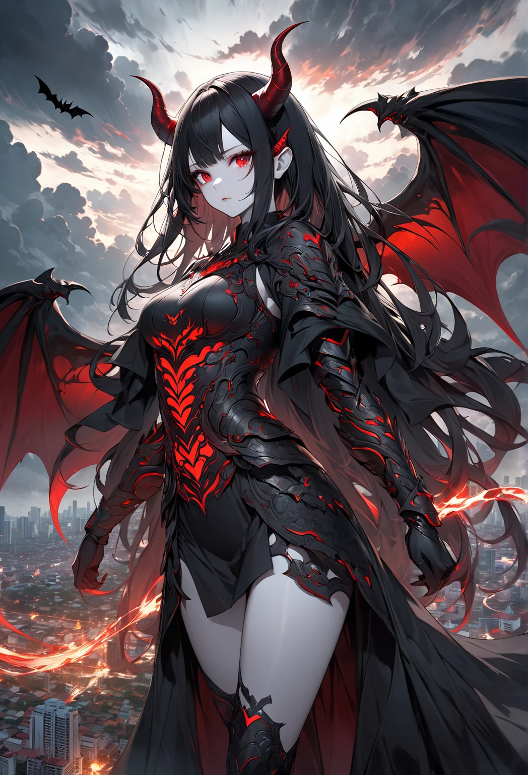 (Best Illustration), 8k Resolution, Intricate Details, Best Quality, Realistic, Ultra Detailed, Best Lighting, Best Shadows, Ultra HD, BREAK a beautiful female Necromancer, Night, dark Magical auras, Dark Style, Vampire, Bat wings, bats flying around, fog, blood splash on the ground, blood moon, red sky, dark theme, (shining red eyes:1.6), BREAK medium breasts, absurdres, ponytail contorted, best ratio four finger and one thumb, (gothic style castle background), tall and seductive body, cold face, evil looking, tattoos,tall body, sharp focus,(red energy ball), BREAK Detailed,Realistic,4k highly detailed digital art,octane render, bioluminescent, BREAK 8K resolution concept art, realism,by Mappa studios,masterpiece,best quality,official art,illustration,ligne claire,(cool_color),perfect composition,absurdres, fantasy,focused,rule of thirds