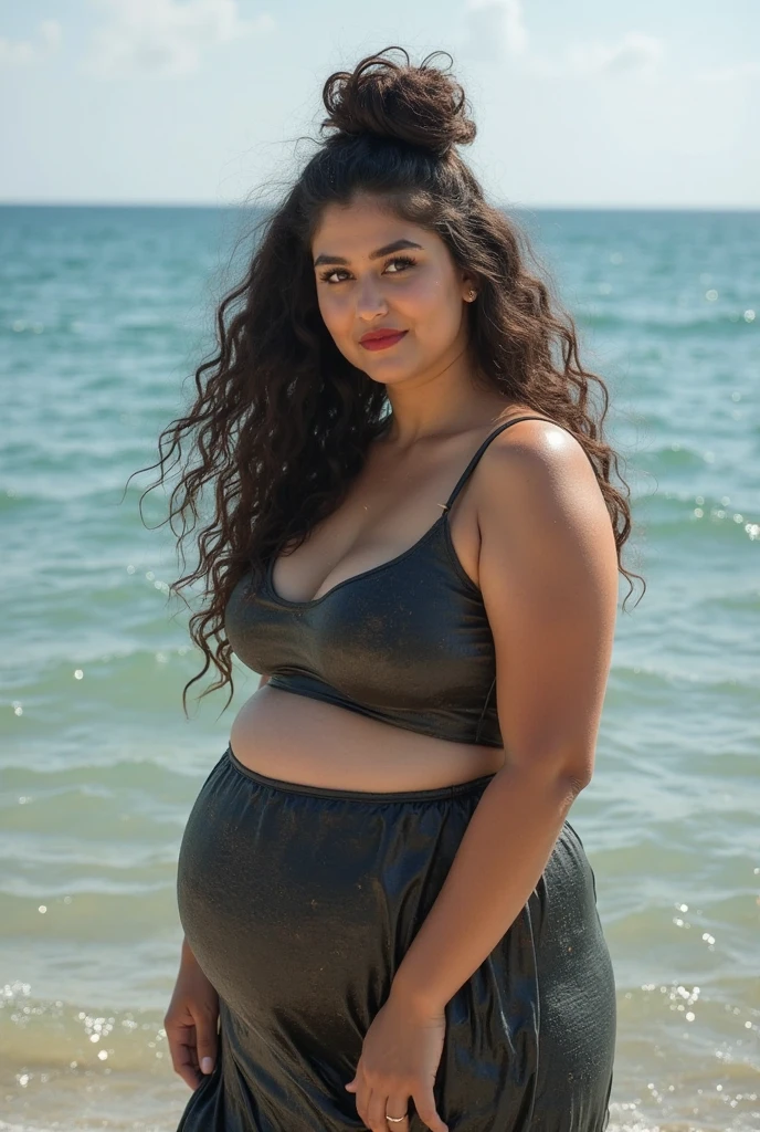 A bangladeshi girl with curly hair and big breasts standing in front of a beach , taking a realistic photo