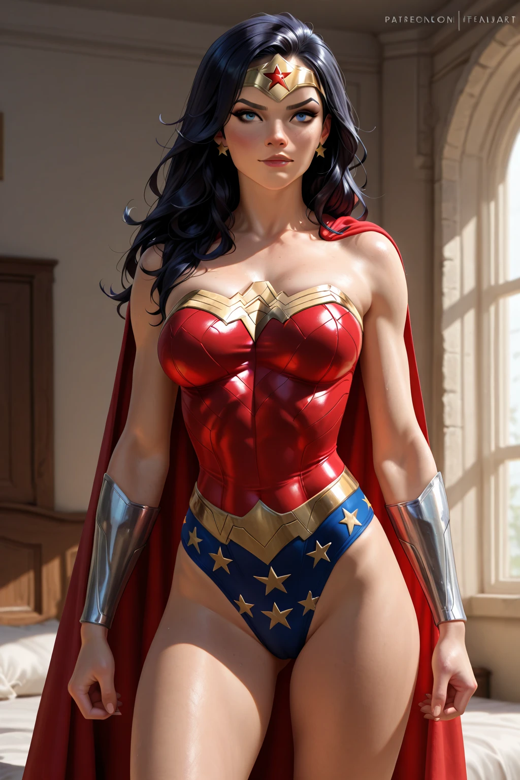 (masterpiece:1.4), (best quality:1.4). A hyper-realistic image generated by artificial intelligence showing the heroine Wonder Woman at the moment of her triumph over the villain Two-Face at the Metropolis Museum of Art. La Mujer Maravilla se encuentra de pie en pose victoriosa, con su pie sobre el pecho de Dos Caras derrotado en el suelo. She wears her classic suit with red and blue corset, Golden bracelets and their magical bow tied around the villain's wrist. Her long black hair flutters behind her as she stares fiercely at her vanquished enemy.. Dos Caras yace inconsciente boca arriba, con su distintivo traje bipartito reflejando su dualidad. Around him are his henchmen also defeated. Al fondo se distingue la majestuosa arquitectura interior del Museo de Arte, with masterpieces still intact thanks to the timely intervention of the heroine. The image captures the defining moment when Wonder Woman has thwarted Two-Face's sinister plans with her superhuman powers and unwavering dedication to truth and justice..