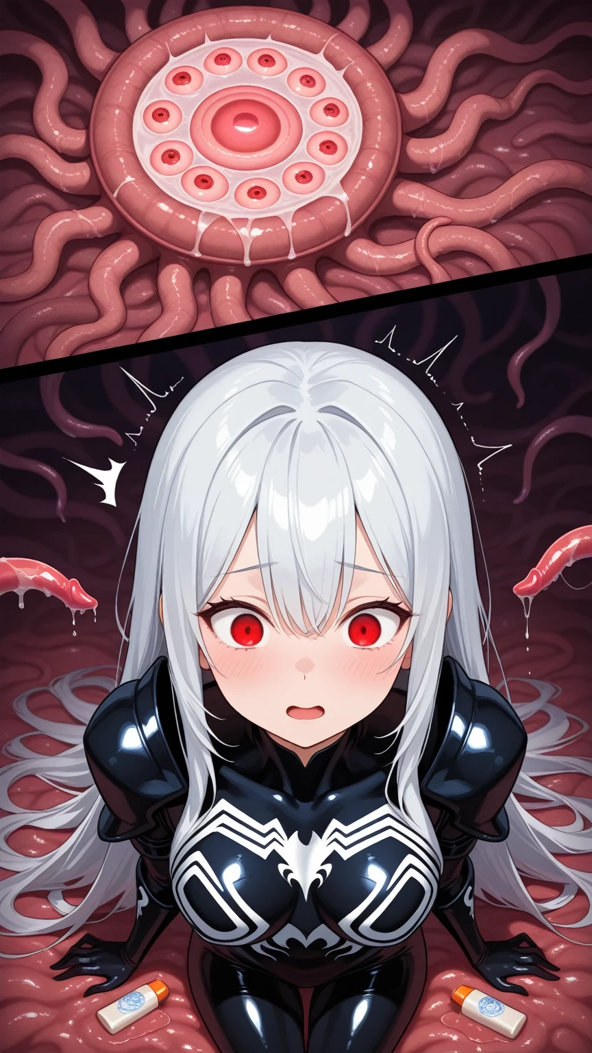 woman,14 years old,night,cave,(((Shiny black tight miniskirt bodysuit))),(wet with sweat),open mouth smile(()),(()),(()),blush、surprised face,(((Tentacles wrap around the body)))(((raped by tentacles)))(((Tentacles wrap around the body)))(((raped by tentacles)))