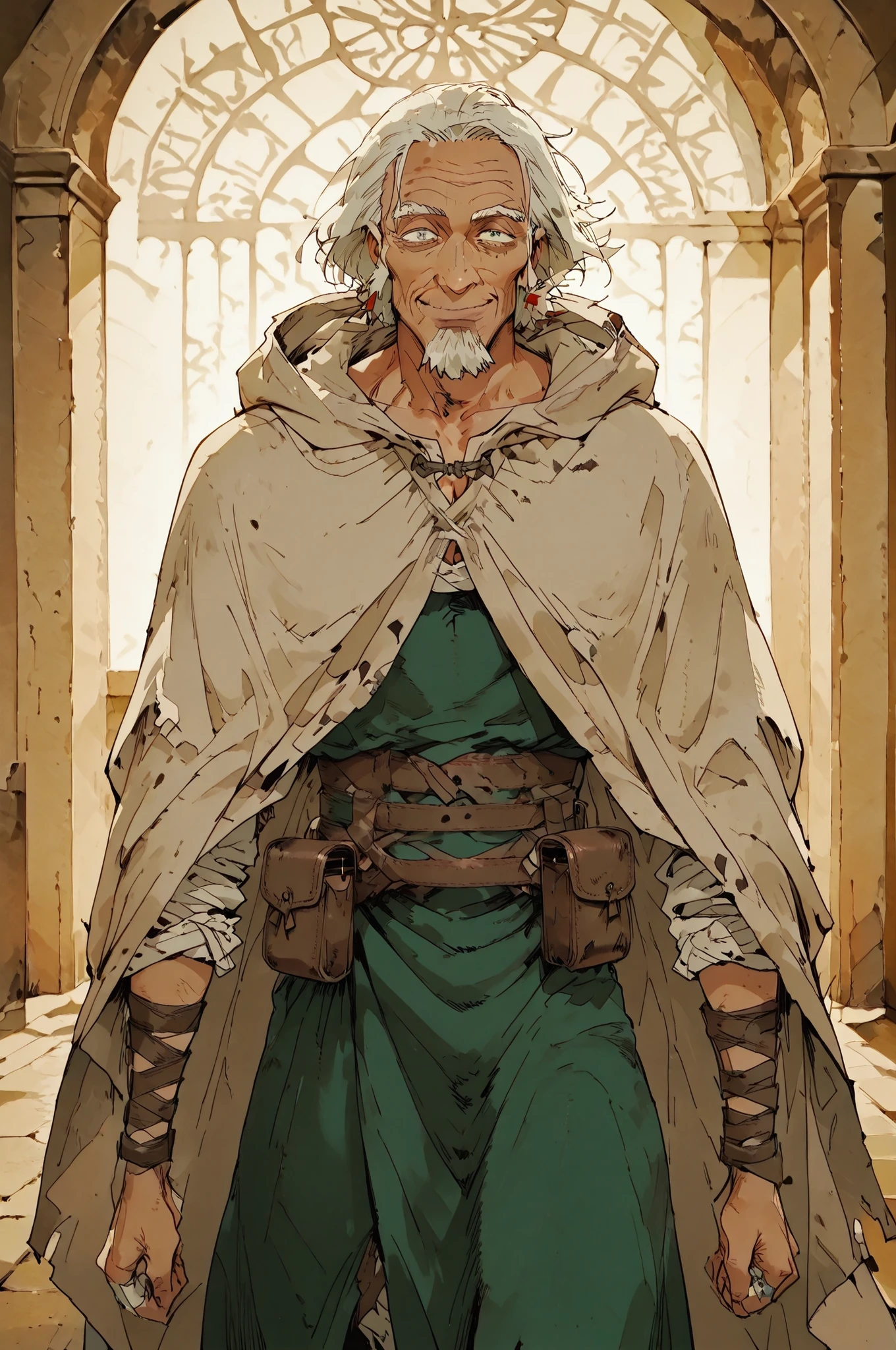 Solo; 1 man, mature man, half_aged man, African skin, wears a hooded cloak that drapes over a rugged tunic, giving off a medieval or fantasy vibe, straps and belts wrap around the waist, securing a pouch at their side. The chest area of the garment is notably worn and frayed, a gentle smile expression, color palette adds depth to the scene, evoking a sense of ancient and mystery