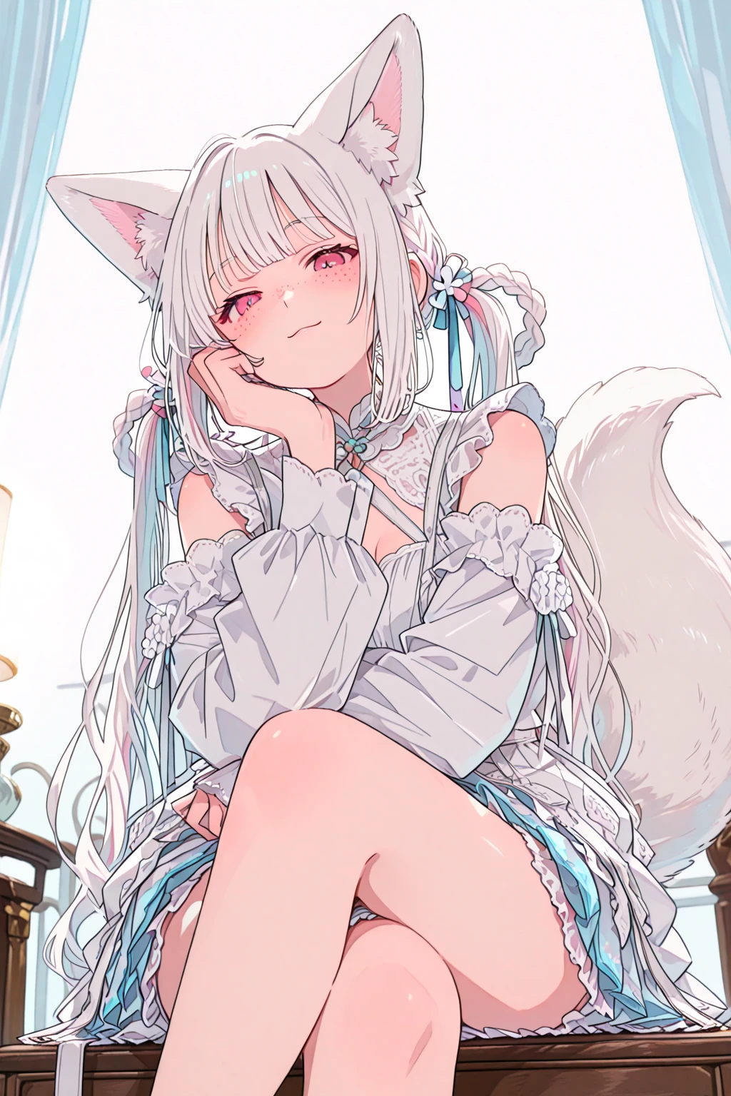 Original Character, Volumetric Lighting, Best Shadows, Shallow Depth of Field, Portrait Of Stunningly Beautiful Girl, Petite, Delicate Beautiful Attractive Face With Alluring Black Eyes, Half Closed Eyes, Thick Eyebrows, Yawning, Open Mouth, Cute Fangs, Lovely Small Breasts, Layered Medium White Hair, Blush Eyeshadow, Thick Eyelashes, Kigurumi Animal Pajamas, In The Dreamy Attic Bedroom, Sitting On Comfortable Bed, With Animal Pillows, Moon Stars Clouds Lovely Duvet Cover, Under The Circular Round Window, (Highest Quality, Amazing Details:1.25), (Solo:1.3), Brilliant Colorful Paintings, <lyco:GoodHands-beta2:1.0>