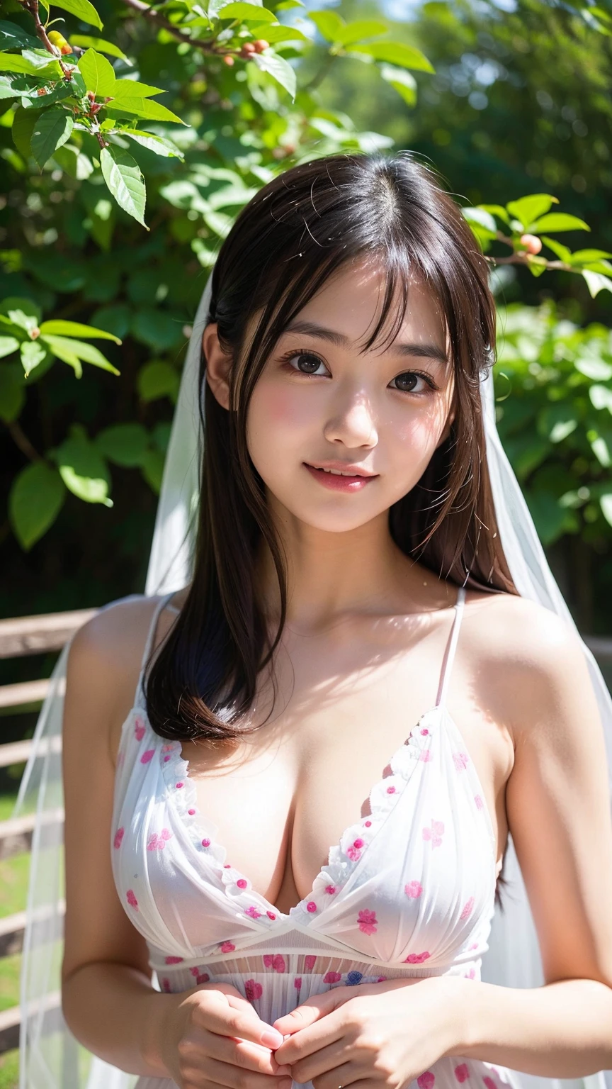 A 20-year-old woman who looks 15 but has the cute face of an idol.。Gentle and cute。Please smile kindly。((No bra and a sheer white silk camisole))、breasts are slightly larger、(((He is short and 1ｍAbout 50cm)))、(((Morning in the garden))、(Cinema lighting)、（Full body portrait)、((Quality indistinguishable from real life))、masterpiece、I&#39;.　RAW Photos　Genuine　realism　Genuine　Genuine life