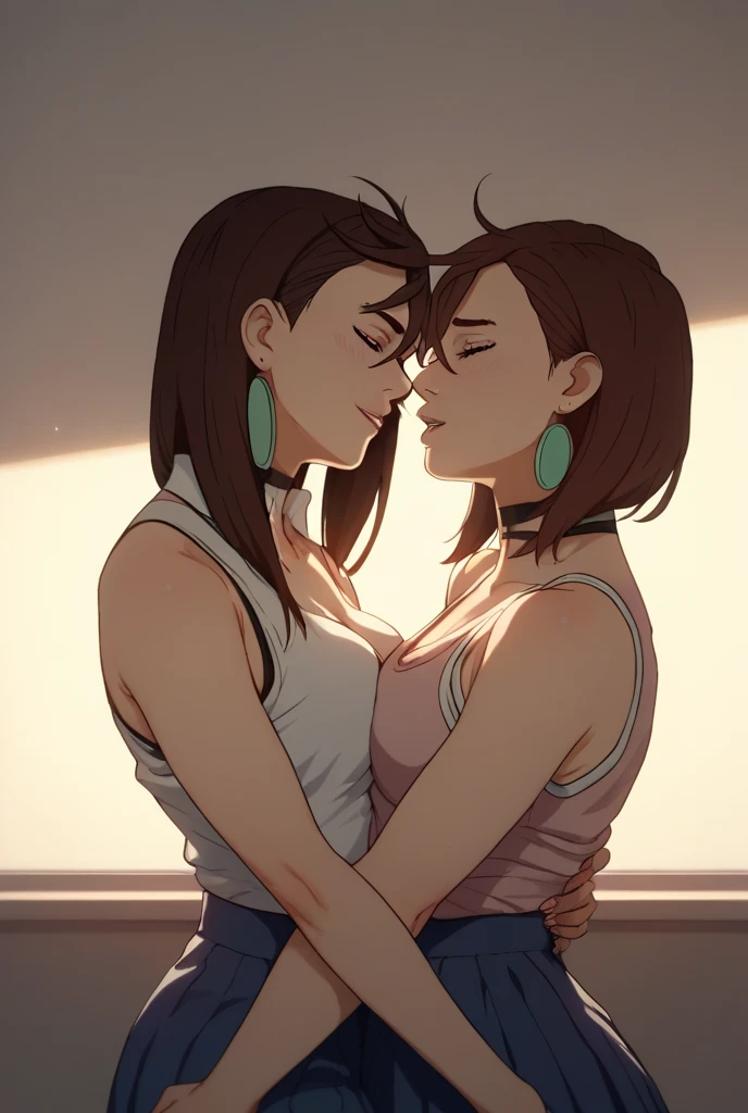Mature woman and girl hugging and kissing. The background is a dimly lit gym changing room. The mature woman has semi-long black hair. The girl has brown hair in a braid. They both wear sports bras. Females to each other. Two women. Kiss. hug