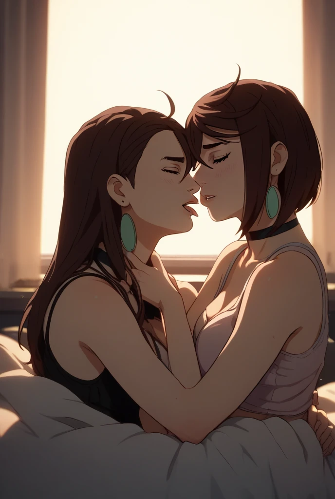 masterpiece, quality, A high resolution,((( 2 girls))), ((Yuri)), ((this kiss:1.4)), giving a hot kiss, in the bedroom, sexy lingerie, big