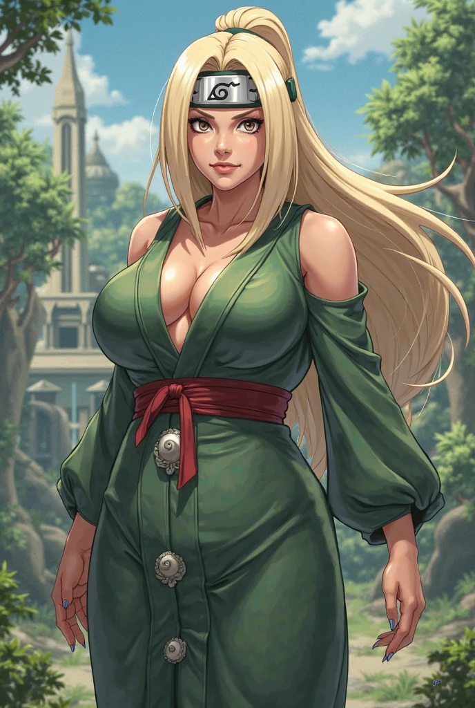 Best Quality, yamanaka ino, (1girl, 独奏, mature female, Adult woman), seethru, hair light, red kimono, long red kimono, long kimono, sash, Cyan eyes, Sateen, Forest background, Warm background, big breastes, wide thighs, kitty, (, :1.1, hair ornament, Thong with neckline), teats