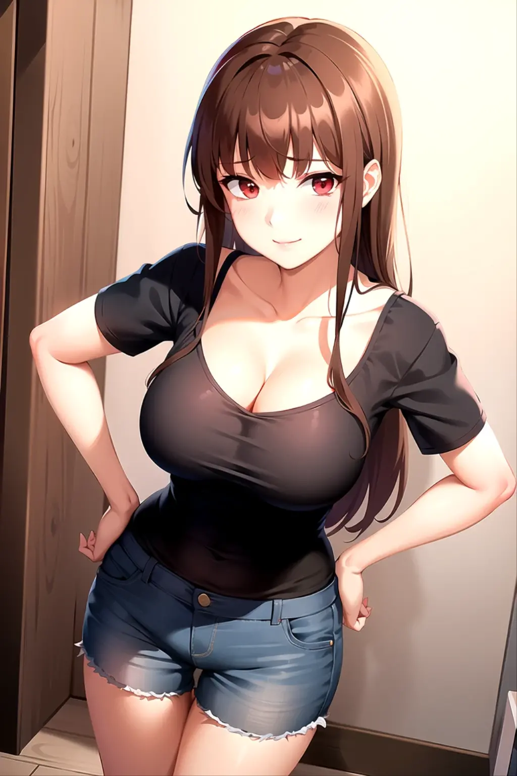 mature women, seol-ah, brown long hair, blunt bangs, dark red eyes, big , short sleeves plunge tee, cleavage, tucked in, blue jeans, blushing, closed mouth, smile, masterpiece, 8K, HD, perfect face, high quality, best quality, extremely detailed eyes, extremely detailed body, highly detailed, expressive eyes, high res, 1girl, solo, knee length shot, front view, looking at viewer, body facing viewer, pov shot, slightly from above, standing up, straight posture, hands on hips, bedroom