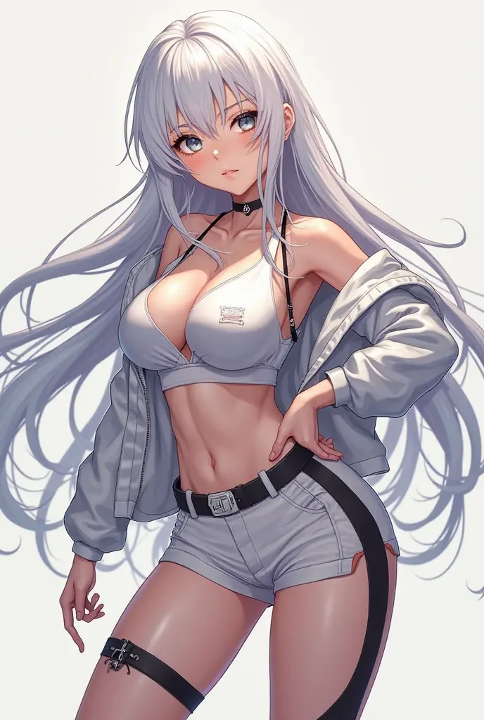 masterpiece, Highest quality, One Girl, alone, (Upper Body), Yukine Chris, Blunt bangs, Compensate, smile, Cleavage, Prostitute costume, blush, Silver Hair,Twin tails up to the waist,Dark skin,Bewitching Buy,Dark eyeshadow,Dark blush,Dirty blowjob gestures,Pursing expression,Fat Lips, lipstick, Curved body, Black gal,bikini tops, Jacket, Jeans pants, Short shorts, tattoo, belly button, (nightclub), club, Shiny floor, colorful, Ray Tracing
